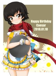 Rule 34 | 10s, 1girl, apron, brown background, brown eyes, brown hair, caesar (girls und panzer), character name, choker, closed mouth, coco&#039;s, commentary, cowboy shot, daisy, dated, emblem, english text, flower, frilled apron, frilled skirt, frilled sleeves, frills, fujimaru arikui, girls und panzer, happy birthday, head tilt, hippopotamus, holding, jacket, layered skirt, looking at viewer, name tag, outside border, pleated skirt, puffy short sleeves, puffy sleeves, red scarf, scarf, shirt, short hair, short sleeves, skirt, sleeveless, sleeveless jacket, smile, solo, standing, striped clothes, striped skirt, tray, waist apron, white apron, white shirt, white skirt, wristband, yellow choker, yellow jacket