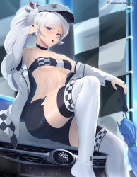 Rule 34 | 1girl, :o, alternate costume, bandeau, black choker, black shorts, blue eyes, braid, braided ponytail, breasts, bridal gauntlets, car, checkered clothes, checkered flag, choker, flag, hair ornament, hat, high ponytail, highres, holding, holding umbrella, jacket, long hair, looking at viewer, midriff, motor vehicle, off shoulder, on vehicle, peaked cap, race queen, rwby, scar, scar across eye, scar on face, short shorts, shorts, sitting, small breasts, snowflake print, solo, thighhighs, thighs, tiara, umbrella, v-shaped eyebrows, very long hair, vilde loh hocen, weiss schnee, white hair, white jacket, white thighhighs