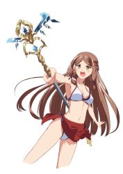 Rule 34 | 1girl, absurdres, ass, bikini, blush, bow, bow panties, bra, braid, breasts, brown hair, cleavage, fan la norne, french braid, highres, holding, holding stick, kageyasu, kicking, long hair, looking at viewer, medium breasts, navel, nintendo, open mouth, panties, parted lips, simple background, skirt, smile, solo, stick, swimsuit, underwear, white panties, xenoblade chronicles (series), xenoblade chronicles 2, xenoblade chronicles (series), xenoblade chronicles 2, xenoblade chronicles 2: torna - the golden country, yellow eyes