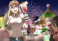 Rule 34 | 2boys, 3girls, aerial fireworks, armor, assassin cross (ragnarok online), bikini, black cape, black coat, black footwear, black gloves, black hair, black shirt, blonde hair, blue shorts, blush, breasts, brown hair, cape, capelet, cleavage, closed mouth, coat, cocktail, commentary request, crop top, cup, detached sleeves, dice, double bun, elbow gloves, fingerless gloves, fireworks, full body, fur-trimmed capelet, fur trim, gauntlets, gloves, green eyes, gypsy (ragnarok online), hair bun, high wizard (ragnarok online), holding, holding cup, in-universe location, lantern, long hair, long sleeves, looking at viewer, medium breasts, midriff, multicolored coat, multiple boys, multiple girls, navel, negi mugiya, o-ring, o-ring top, open mouth, pants, paper lantern, pauldrons, pier, priest (ragnarok online), purple eyes, ragnarok online, red capelet, red coat, red scarf, red sleeves, scarf, shirt, shoes, short hair, shorts, shoulder armor, sky, sleeveless, sleeveless shirt, small breasts, smile, star (sky), starry sky, strapless, strapless bikini, swimsuit, thara frog, two-tone coat, upper body, waist cape, white gloves, white pants, white shirt, whitesmith (ragnarok online), yellow bikini