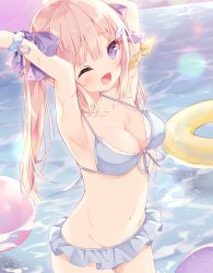 Rule 34 | 1girl, ;d, armpits, arms up, bare shoulders, bikini, bikini skirt, blue bikini, blush, breasts, cleavage, collarbone, commentary request, front-tie bikini top, front-tie top, groin, highres, hoshi (snacherubi), innertube, light brown hair, long hair, looking at viewer, medium breasts, navel, one eye closed, open mouth, original, purple eyes, sidelocks, smile, solo, standing, swim ring, swimsuit, twintails, very long hair, water, wing hair ornament
