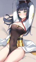 Rule 34 | 1girl, armor, arms up, black hair, breasts, brown dress, cleavage, covered navel, dress, epic seven, faulds, green eyes, highleg, highres, kaetzchen, long hair, long sleeves, looking at viewer, lying, medium breasts, no panties, on back, pelvic curtain, solo, thighs, yoonryoung (epic seven)