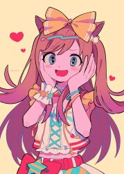 Rule 34 | 1girl, agnes digital (umamusume), animal ears, bead bracelet, beads, belt, blue eyes, blush, bow, bracelet, brown hair, commentary, crop top, cropped jacket, drooling, flipped hair, furrowed brow, hair beads, hair bow, hair ornament, halftone, hands on own cheeks, hands on own face, heart, highres, horse ears, horse girl, jacket, jewelry, lace, lace-trimmed shirt, lace trim, long hair, looking at viewer, menma (enaic31), midriff, mouth drool, multicolored clothes, multicolored skirt, open clothes, open jacket, open mouth, red belt, shirt, simple background, single wrist cuff, skirt, smile, solo, sparkling eyes, swept bangs, two side up, umamusume, upper body, wrist cuffs, yellow background, yellow bow