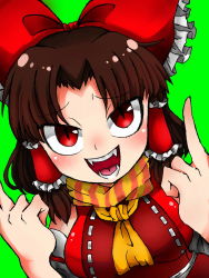 Rule 34 | 1girl, ascot, benikurage (cookie), blush, bow, breasts, brown hair, commentary request, cookie (touhou), detached sleeves, double middle finger, fangs, frilled bow, frilled hair tubes, frills, green background, hair bow, hair tubes, hakurei reimu, highres, impossible clothes, impossible shirt, looking at viewer, medium breasts, medium hair, middle finger, nuru nuru 3, open mouth, orange scarf, parted bangs, red bow, red eyes, red shirt, scarf, shirt, sidelocks, simple background, sleeveless, sleeveless shirt, slit pupils, smile, solo, striped clothes, striped scarf, touhou, upper body, white sleeves, yellow ascot, yellow scarf
