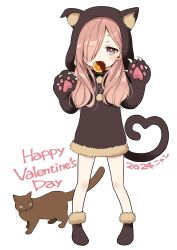 1girl animal_hands animal_hood black_footwear black_hoodie boots brown_cat brown_hair cat_hood cat_tail chocolate commentary_request elbow_gloves food food_in_mouth fruit fur-trimmed_boots fur_trim gloves grey_eyes half-closed_eyes happy_valentine highres hood hoodie kodomo_no_mama_demo_mama_ni_naritai! long_hair looking_at_viewer marika_(kodomama) mouth_hold orange_(fruit) orange_slice paw_gloves paw_pose simple_background solo tail takami_yuuki white_background