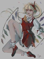 Rule 34 | 1girl, ascot, bobby socks, collared shirt, crystal, fangs, flandre scarlet, full body, grey background, hair ribbon, highres, long hair, multicolored wings, no headwear, one side up, open mouth, puffy short sleeves, puffy sleeves, red eyes, red footwear, red ribbon, red skirt, red vest, ribbon, roessslyng, shirt, short sleeves, simple background, skirt, sleeve ribbon, socks, solo, teeth, touhou, upper teeth only, v-shaped eyebrows, very long hair, vest, white shirt, white socks, wings, yellow ascot