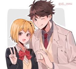 Rule 34 | 1boy, 1girl, :d, ;q, blonde hair, bow, bowtie, brown hair, grey shirt, haikyuu!!, joman, looking at viewer, necktie, oikawa tooru (haikyuu!!), one eye closed, one side up, open clothes, open mouth, school uniform, shirt, simple background, smile, tongue, tongue out, twitter username, v, yachi hitoka