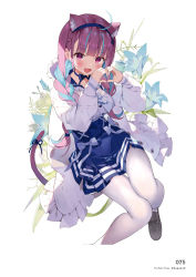 Rule 34 | 1girl, ahoge, animal ears, blue hair, blue nails, bow, bowtie, braid, breasts, buttons, cat ears, cat girl, cat tail, coat, dress, fingernails, flower, frills, full body, gaou (umaiyo puyoman), hairband, hands up, heart, heart hands, highres, hololive, long hair, long sleeves, looking at viewer, medium breasts, minato aqua, minato aqua (sailor), nail polish, page number, pantyhose, purple eyes, purple hair, shoes, short dress, simple background, skirt, solo, tail, twintails, virtual youtuber, white pantyhose