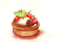 Rule 34 | 2others, artist name, bird, chai (drawingchisanne), chocolate, commentary request, cream, dessert, food, food focus, fruit, highres, leaf, looking at viewer, multiple others, no humans, original, pie, simple background, sitting, sitting on food, strawberry, white background