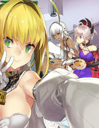 Rule 34 | &gt;:), 10s, 3girls, 92m, :d, ahoge, altera (fate), archer class (fate), arm strap, armpits, asymmetrical hair, bare shoulders, belt, belt skirt, black legwear, blonde hair, blue eyes, blue kimono, blunt bangs, blurry, blush, bodysuit, bowl, breasts, bridal veil, buckle, cellphone, chain, choker, chopsticks, cleavage, closed mouth, commentary request, dark-skinned female, dark skin, depth of field, detached collar, detached sleeves, earrings, eating, fate/extra, fate/extra ccc, fate/grand order, fate (series), floral print, flower, food, food in mouth, foreshortening, frills, gloves, green eyes, groin, hair intakes, hair ornament, halterneck, happy, high ponytail, highres, holding, holding bowl, holding chopsticks, holding phone, indoors, japanese clothes, jewelry, kimono, large breasts, leaf earrings, leaf print, legs together, leotard, light smile, lock, long hair, looking at viewer, looking down, magatama, messy hair, miyamoto musashi (fate), miyamoto musashi (second ascension) (fate), multiple belts, multiple girls, nero claudius (bride) (fate), nero claudius (bride) (second ascension) (fate), nero claudius (fate), nero claudius (fate) (all), noodles, obi, open mouth, outstretched arm, padlock, phone, pillow, plant, playing games, ponytail, puffy detached sleeves, puffy sleeves, ramen, reaching, reaching towards viewer, red eyes, sash, selfie, short ponytail, showgirl skirt, side slit, sideboob, sidelocks, signature, sitting, skirt, small breasts, smile, strapless, strapless leotard, swept bangs, tattoo, unzipped, v, v-shaped eyebrows, veil, white gloves, white hair, white leotard, white skirt, zipper