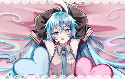 Rule 34 | 1girl, :o, armpits, arms behind back, arms up, between breasts, blue eyes, blue hair, blue necktie, breasts, collared shirt, crossed bangs, doily, frilled shirt, frills, from above, grey shirt, hair between eyes, hair ornament, hatsune miku, headset, heart, heart-shaped pupils, highres, letterboxed, long hair, looking at viewer, looking up, lying, microphone, naguno-0713, necktie, necktie between breasts, on back, on bed, open mouth, shirt, sidelocks, sleeveless, sleeveless shirt, small breasts, solo, symbol-shaped pupils, twintails, upper body, very long hair, vocaloid
