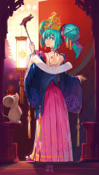 Rule 34 | 1girl, absurdres, aqua eyes, blue hair, from behind, full body, grin, hair between eyes, hatsune miku, hatsune miku (vocaloid4) (chinese), hcandersen, highres, holding, long hair, long skirt, long sleeves, looking at viewer, mouse (animal), neck ribbon, pink skirt, print skirt, ribbon, shoulder blades, skirt, smile, solo, standing, twintails, very long hair, vocaloid, wide sleeves