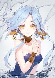 Rule 34 | 1girl, bare shoulders, blue dress, blue hair, bracelet, breasts, cleavage, clenched hand, collarbone, crying, crying with eyes open, dress, earrings, fins, floating hair, grey background, hand up, head fins, highres, jewelry, long hair, looking at viewer, medium breasts, original, parted bangs, parted lips, sleeveless, sleeveless dress, solo, strapless, strapless dress, tears, twitter username, type-alpha, upper body, water, yellow eyes