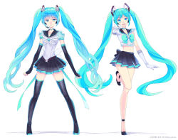 Rule 34 | 1girl, aqua eyes, aqua hair, bad id, bad pixiv id, bishoujo senshi sailor moon, cosplay, elbow gloves, gloves, hatsune miku, headset, long hair, midriff, multiple views, open mouth, saki (hxaxcxk), simple background, skirt, standing, standing on one leg, thighhighs, twintails, unofficial sailor senshi uniform, v, very long hair, vocaloid, white background