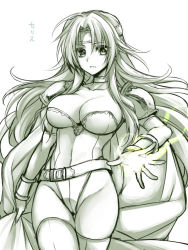 Rule 34 | 1990s (style), 1girl, armor, belt, bracelet, breasts, cape, cape tug, celes chere, character name, choker, cleavage, elbow gloves, final fantasy, final fantasy vi, gloves, headband, highleg, highleg leotard, jewelry, large breasts, leotard, long hair, magic, monochrome, shoulder armor, shoulder pads, solo, takatsuki ichi, thighhighs, white background
