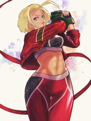 Rule 34 | 1girl, ahoge, alternate color, blonde hair, blue eyes, breasts, cammy white, commentary request, cowboy shot, crop top, cropped jacket, facial scar, fingerless gloves, gloves, highres, huge ahoge, looking at viewer, medium breasts, midriff, navel, pants, scar, scar on cheek, scar on face, short hair, solo, sports bra, street fighter, street fighter 6, yoga pants, yuenibushi