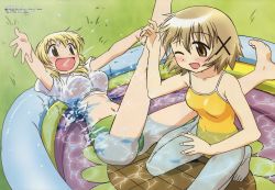Rule 34 | 00s, 2girls, :d, ;d, arm up, arms up, barefoot, bikini, bikini bottom only, blonde hair, blush, breasts, brown eyes, brown hair, casual one-piece swimsuit, crop top, feet, flower, grass, hair between eyes, hair ornament, hairclip, hidamari sketch, highres, itou yoshiaki, kneeling, large breasts, legs, legs up, lying, megami magazine, midriff, miyako (hidamari sketch), multiple girls, navel, non-web source, official art, on back, one-piece swimsuit, one eye closed, open mouth, outdoors, partially submerged, pool, scan, shirt, short hair, sidelocks, small breasts, smile, soles, splashing, spread legs, sunflower, swimsuit, t-shirt, tied shirt, tiptoes, wading pool, water, wet, wet clothes, wet shirt, wince, wink, yellow eyes, yuno (hidamari sketch)