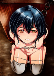Rule 34 | 1boy, 1girl, arms behind back, barefoot, bdsm, blue hair, blush, bondage, bound, bound wrists, breasts, captured, chain, chained, collar, cum, cum in mouth, defeat, domination, dungeon, feet, fire emblem, fire emblem awakening, forced, hetero, highres, morgan (female) (fire emblem), morgan (fire emblem), nintendo, nipples, pov, short hair, sitting, solo focus, stocks, tears, uncensored, wingr, yellow eyes