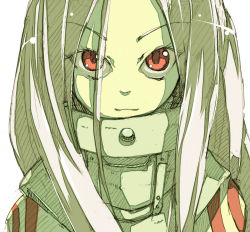 Rule 34 | 1girl, albino, closed mouth, deadman wonderland, eyebrows, eyelashes, eyes visible through hair, hair over one eye, high collar, light smile, long hair, looking at viewer, page (page1555), portrait, red eyes, shade, shiro (deadman wonderland), simple background, solo, tattoo, white background, white hair