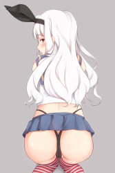 Rule 34 | 1girl, ass, bad id, bad pixiv id, black panties, cosplay, crossover, from behind, grey background, hairband, idolmaster, idolmaster (classic), kantai collection, long hair, looking at viewer, looking back, panties, pantyshot, red eyes, shijou takane, shimakaze (kancolle), shimakaze (kancolle) (cosplay), shuuichi, silver hair, simple background, skirt, socks, solo, striped clothes, striped socks, striped thighhighs, thighhighs, underwear, upskirt