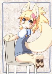 Rule 34 | 1girl, :3, :d, animal ear fluff, animal ears, animal nose, blonde hair, body fur, chair, commentary, dog, dog ears, dog girl, dog tail, fang, foss (osa0801), full body, furry, furry female, hair between eyes, headband, highres, long hair, looking back, open mouth, original, osa0801, pawpads, pink headband, ponytail, short sleeves, smile, snout, solo, star (symbol), tail, yellow eyes, yellow fur