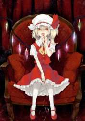 Rule 34 | 1girl, :d, ascot, blonde hair, blood, broken cup, chair, cup, drinking glass, fangs, female focus, flandre scarlet, hat, looking at viewer, mary janes, nakatani, open mouth, pantyhose, red eyes, red upholstery, shoes, side ponytail, sitting, slit pupils, smile, solo, touhou, vampire, white pantyhose, wine glass, wings