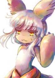 Rule 34 | 1girl, :3, animal ears, blunt bangs, closed mouth, commentary request, furry, furry female, highres, horizontal pupils, looking at viewer, made in abyss, military, military uniform, nanachi (made in abyss), naval uniform, puffy pants, ria (efikrisia), short hair, sidelocks, silver hair, simple background, solo, standing, uniform, upper body, white background, yellow eyes
