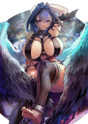 Rule 34 | 1girl, absurdres, angel, angel wings, blue eyes, blue hair, breasts, choker, cleavage, feathered wings, hair intakes, highres, hololive, hololive english, looking at viewer, ouro kronii, revealing clothes, short hair, solo, thighhighs, thighs, virtual youtuber, vyragami, wings