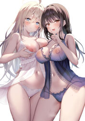Rule 34 | 2girls, babydoll, black hair, blonde hair, blue eyes, blush, breasts, brown eyes, closed mouth, collarbone, hand on own chest, highres, large breasts, lingerie, long hair, looking at viewer, mintoaisu, multiple girls, navel, nipples, open mouth, original, panties, simple background, thighs, underwear, white background