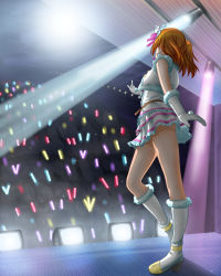 Rule 34 | 10s, 1girl, boots, crowd, elbow gloves, from behind, from below, full body, gloves, glowstick, highres, idol, indoors, kosaka honoka, light rays, light stick, love live!, love live! school idol project, orange hair, outstretched arm, pixelspam, short hair, side ponytail, silhouette, snow halation, solo focus, stage, stage lights, standing, white gloves