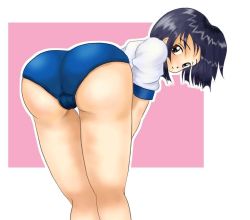 Rule 34 | 1girl, ass, ass focus, bent over, blue hair, brown eyes, buruma, crotch, from behind, gym uniform, light smile, looking at viewer, looking back, love hina, maehara shinobu, outside border, pink background, shirt, short hair, simple background, skindentation, smile, solo, standing, t-shirt, thighs