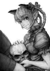 Rule 34 | 1girl, animal ears, bow, braid, cat ears, collar, graphite (medium), greyscale, hair bow, imizu (nitro unknown), kaenbyou rin, long hair, looking at viewer, monochrome, monochrome, pointy ears, puffy sleeves, ribbon, skull, smile, solo, touhou, traditional media, twin braids