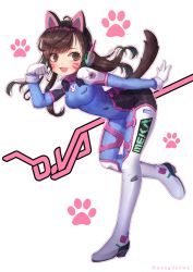 Rule 34 | 1girl, acronym, animal ears, animal print, armor, artist name, bad id, bad pixiv id, blush, bodysuit, boots, bracer, breasts, brown eyes, brown hair, cat ears, character name, d.va (overwatch), facepaint, facial mark, fake animal ears, fang, full body, gloves, hanato (seonoaiko), hand up, headphones, kemonomimi mode, leaning forward, leg up, long hair, long sleeves, medium breasts, open mouth, overwatch, overwatch 1, pauldrons, paw pose, pilot suit, rabbit print, ribbed bodysuit, shoulder armor, shoulder pads, skin tight, smile, solo, standing, standing on one leg, tail, thigh boots, thigh strap, thighhighs, turtleneck, twitter username, whisker markings, white footwear, white gloves