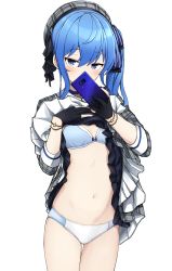 Rule 34 | 1girl, blue bra, blue eyes, blue hair, blue nails, blush, bra, bracelet, breasts, cellphone, choker, clothes lift, dress, dress lift, gloves, grey dress, hair between eyes, hair ribbon, highres, hololive, hoshimachi suisei, hoshimachi suisei (1st costume), jewelry, kenken (keuken), lifting own clothes, looking at viewer, nail polish, navel, one side up, panties, petticoat, phone, plaid, plaid dress, ribbon, selfie, sleeves rolled up, small breasts, smartphone, solo, standing, star (symbol), star in eye, stomach, symbol in eye, thigh gap, underwear, virtual youtuber, white panties