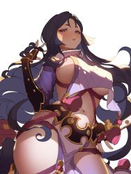 Rule 34 | 1girl, absurdres, adapted costume, armor, black gloves, breasts, fate/grand order, fate (series), fingerless gloves, gloves, highres, japanese armor, katana, kote, large breasts, loincloth, long hair, low-tied long hair, minamoto no raikou (fate), navel, open mouth, orange sekaii, parted bangs, purple eyes, purple hair, ribbed sleeves, rope, shibari, sideboob, smile, solo, sword, tabard, thighs, underboob, very long hair, weapon