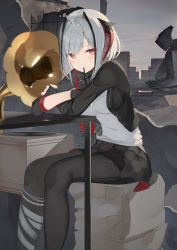Rule 34 | 1girl, absurdres, antenna hair, arknights, black jacket, black pantyhose, black skirt, gloves, highres, horns, jacket, long sleeves, looking at viewer, medium hair, miniskirt, mouth hold, open clothes, open jacket, outdoors, pantyhose, phonograph, red eyes, ruins, shirt, silver hair, sitting, skirt, solo, w (arknights), white shirt, zukan (db tyoutyo)
