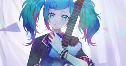 Rule 34 | 1girl, alternate costume, alternate hair length, alternate hairstyle, backlighting, black jacket, blue eyes, blue hair, bracelet, close-up, closed mouth, collared shirt, commentary request, curtains, dot nose, electric guitar, fender telecaster, frilled sleeves, frills, glint, guitar, hair ornament, hassan (sink916), hatsune miku, head tilt, holding, holding instrument, instrument, jacket, jewelry, leo/need miku, light particles, looking at viewer, multicolored hair, needle, pink hair, pink neckwear, plaid, plaid jacket, project sekai, shirt, short twintails, sky, smile, solo, spiked bracelet, spikes, star (sky), starry sky, streaked hair, tareme, triangle, twintails, two-tone hair, upper body, vocaloid, wind, wind lift