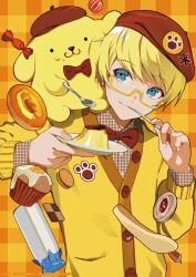 Rule 34 | 1boy, beret, blonde hair, blue eyes, bottle, bow, bowtie, brown background, brown hat, candy wrapper, closed mouth, collared shirt, cupcake, dog, doughnut, dress shirt, food, food on face, glasses, hat, highres, holding, holding plate, holding spoon, jacket, lam (ramdayo), male focus, milk bottle, original, plaid, plaid background, plaid shirt, plate, pompompurin, pudding, red bow, red bowtie, sanrio, semi-rimless eyewear, shirt, smile, spoon, under-rim eyewear, unmoving pattern, upper body, utensil in mouth, yellow-framed eyewear, yellow jacket