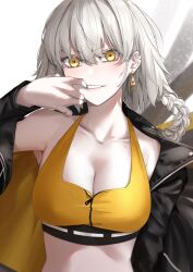 Rule 34 | 1girl, bare shoulders, black jacket, blush, braid, breasts, cleavage, earrings, fate/grand order, fate (series), grey hair, highres, jacket, jeanne d&#039;arc alter (fate), jewelry, large breasts, long hair, long sleeves, looking at viewer, ri o ne su, solo, sports bra, yellow eyes, yellow sports bra