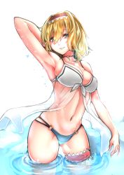 Rule 34 | 1girl, adapted costume, alice margatroid, alternate costume, arm behind head, arm up, armpits, babydoll, bikini, blonde hair, blue bikini, blue eyes, bow, bow bikini, breasts, choker, cleavage, commentary request, cowboy shot, frilled hairband, frills, front-tie bikini top, front-tie top, hair between eyes, hairband, highres, large breasts, long bangs, looking at viewer, multi-strapped bikini bottom, navel, o-ring, o-ring bikini, o-ring bottom, o-ring choker, o-ring swimsuit, parted lips, partially submerged, red hairband, see-through, short hair, smile, solo, standing, swimsuit, takena-c, thigh strap, thighs, touhou, wading, water, white background, white bikini