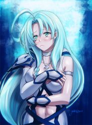 Rule 34 | 1girl, ahoge, aqua eyes, armlet, blue hair, blush, breasts, closed mouth, cross, cross necklace, gloves, highres, jewelry, large breasts, long hair, looking at viewer, necklace, sentouin hakenshimasu!, sidelocks, single glove, sleeveless, snow (sentouin hakenshimasu!), solo, white gloves, yuki0 art, yuki0art