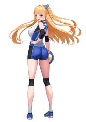 Rule 34 | 1girl, :d, absurdres, arm at side, ass, ball, black choker, blonde hair, blue eyes, blue footwear, blue shorts, blush, bow, breasts, choker, elbow pads, floating hair, hair bow, hand on own hip, highres, holding, holding ball, knee pads, large breasts, legs, lina (michihasu), long hair, looking at viewer, looking back, michihasu, multicolored bow, open mouth, original, shirt, shoes, short shorts, shorts, sidelocks, simple background, sleeveless, sleeveless shirt, smile, sneakers, socks, solo, sportswear, tachi-e, two-tone shorts, two side up, volleyball, volleyball (object), volleyball uniform, white background, white socks