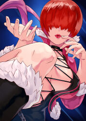 Rule 34 | 1girl, black dress, breasts, cleavage, cleavage cutout, clothing cutout, coat, dress, facing viewer, fingernails, hair over eyes, highres, large breasts, long sleeves, parted lips, pink coat, red lips, shermie (kof), short hair, solo, the king of fighters, yagi2013