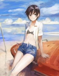 Rule 34 | 1girl, arm support, beach, bikini, bikini top only, bikini under clothes, black bikini, black hair, breasts, cloud, collared shirt, day, denim, denim shorts, green eyes, highres, leaning back, looking at viewer, nababa, navel, open clothes, open shirt, original, outdoors, shirt, short hair, shorts, sitting, sky, small breasts, smile, solo, sunlight, swimsuit, swimsuit under clothes, water
