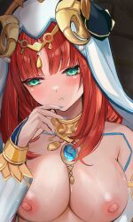 Rule 34 | 1girl, absurdres, armlet, blush, bracer, breasts, brooch, detached sleeves, efuri (riarea00), fake horns, genshin impact, green eyes, hair ornament, harem outfit, highres, horns, jewelry, large breasts, long hair, long sleeves, looking to the side, low twintails, neck ring, nilou (genshin impact), nipples, puffy long sleeves, puffy sleeves, red hair, sidelocks, twintails, veil