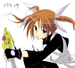 Rule 34 | 00s, 1girl, 2007, :o, apron, black dress, blush, boshinote, brown hair, dated, dress, fingerless gloves, gloves, hair ribbon, holding, holding sword, holding weapon, looking at viewer, lyrical nanoha, magical girl, mahou shoujo lyrical nanoha, mahou shoujo lyrical nanoha a&#039;s, mahou shoujo lyrical nanoha strikers, motion blur, no jacket, open mouth, purple eyes, raising heart, red hair, ribbon, simple background, solo, sword, takamachi nanoha, twintails, upper body, weapon, white background