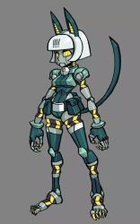 Rule 34 | 1girl, animal ears, bob cut, cat ears, cat tail, fingernails, joints, lab zero games, no pupils, official art, robo-fortune, robot, robot girl, robot joints, sharp fingernails, sharp toenails, silver hair, skullgirls, solid eyes, solo, tail, toenails, toes, yellow eyes