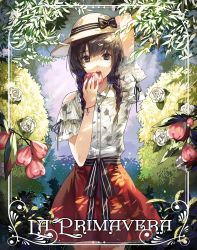 Rule 34 | 1girl, arm behind head, arm up, bare shoulders, black bow, black hair, black ribbon, blue eyes, border, bow, braid, breasts, bush, clothing cutout, collared shirt, commentary request, day, eating, floral print, flower, food, fruit, hat, hat bow, highres, holding, holding food, holding fruit, italian text, jewelry, kim eb, layered sleeves, long hair, looking at viewer, medium breasts, mixed-language commentary, necklace, open mouth, original, outdoors, print shirt, red skirt, ribbon, rose, rose print, shirt, short sleeves, shoulder cutout, skirt, solo, striped, striped bow, sun hat, sunlight, translated, twin braids, white flower, white rose, white shirt, wrist ribbon