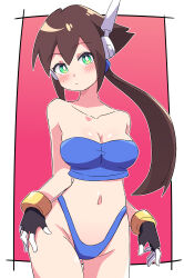 Rule 34 | 1girl, absurdres, aile (mega man zx), bare shoulders, blush, breasts, brown hair, buzzlyears, cleavage, female focus, gloves, green eyes, highres, large breasts, long hair, mega man (series), mega man zx, mega man zx advent, panties, ponytail, robot ears, strapless, tagme, tube top, underwear