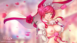 Rule 34 | 1girl, ahoge, animal ears, arc system works, blush, breasts, bridal veil, cleavage, clover, elphelt valentine, flower, four-leaf clover, gloves, green eyes, guilty gear, guilty gear xrd, large breasts, looking at viewer, nipples, nude, parted lips, pink hair, pink lady mage, rabbit ears, red flower, red rose, ribbon, rose, shiny skin, short hair, smile, solo, upper body, veil
